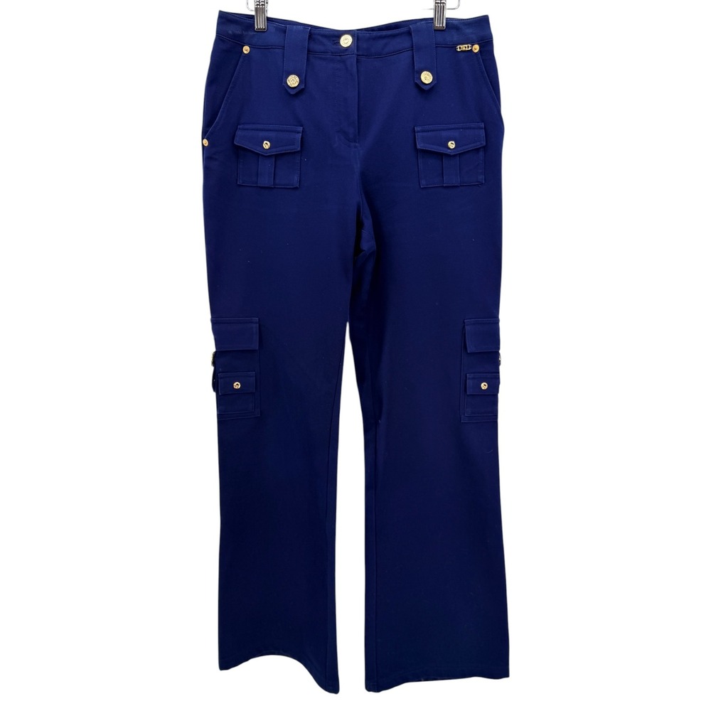 St. John Sport Marie Blue Cargo Pants 10 Gold Button Sailor Wide Leg Straight